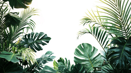 Vibrant indoor jungle of lush green houseplants arranged on a clean white background