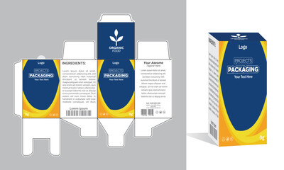 Modern product packaging design with branding, logo placement, and informative layout on a box template.	