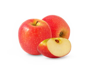 Two red apples and a cut isolated on white. Pink apple and cut isolated.
