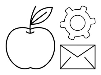Apple with leaf, gear, and envelope symbols in minimalist black line art. Ideal for health, wellness, productivity, communication, technology organization balance. Flat simple metaphor