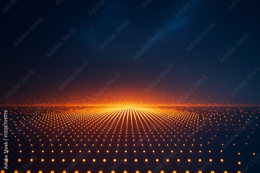 Poster glowing orange digital light grid landscape on dark blue background with futuristic horizon and abst