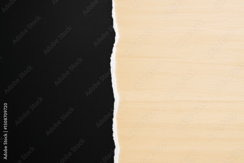 Poster Torn paper edge separating black and light wood textured background in minimal abstract graphic composition.