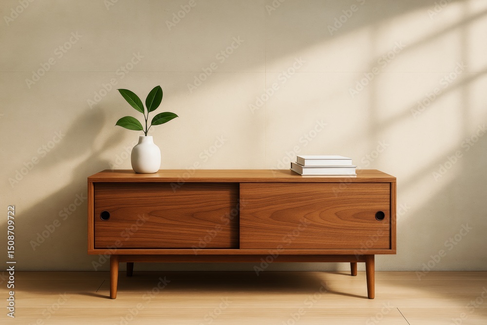 Poster minimalist wooden sideboard with white vase and books casting soft shadows on beige wall background 