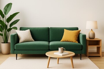 Modern green sofa in cozy living room interior with minimalist decor, warm lighting, and neutral background tones. Ai generative.