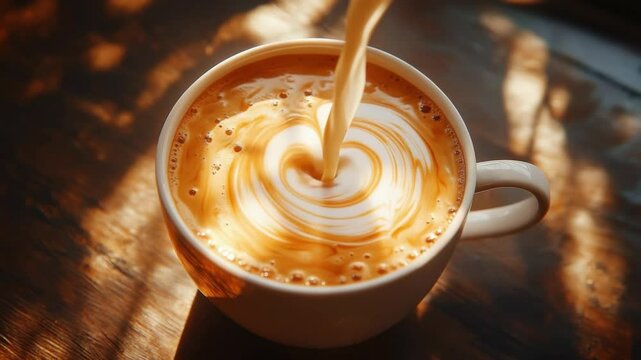 Latte Art Pouring: Capturing the art of a skilled barista creating intricate latte art, showcasing a cup filled with rich espresso, perfectly textured microfoam, and a swirl of creamy delight.