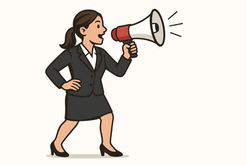 Dynamic businesswoman character in suit using a loudhailer megaphone to make an important announcement. Vector art for business communication, marketing, leadership, or public relations concepts.