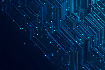 Futuristic blue wires on a circuit board on a dark technological background. Thin lines and dots. Great for web banners and presentations. Tech bg. Digital navy pattern. Big data and AI innovations