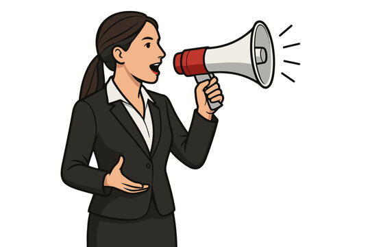 Dynamic businesswoman cartoon character holding a megaphone, making a loud announcement or statement. Ideal for business presentations, marketing materials, or activism graphics.