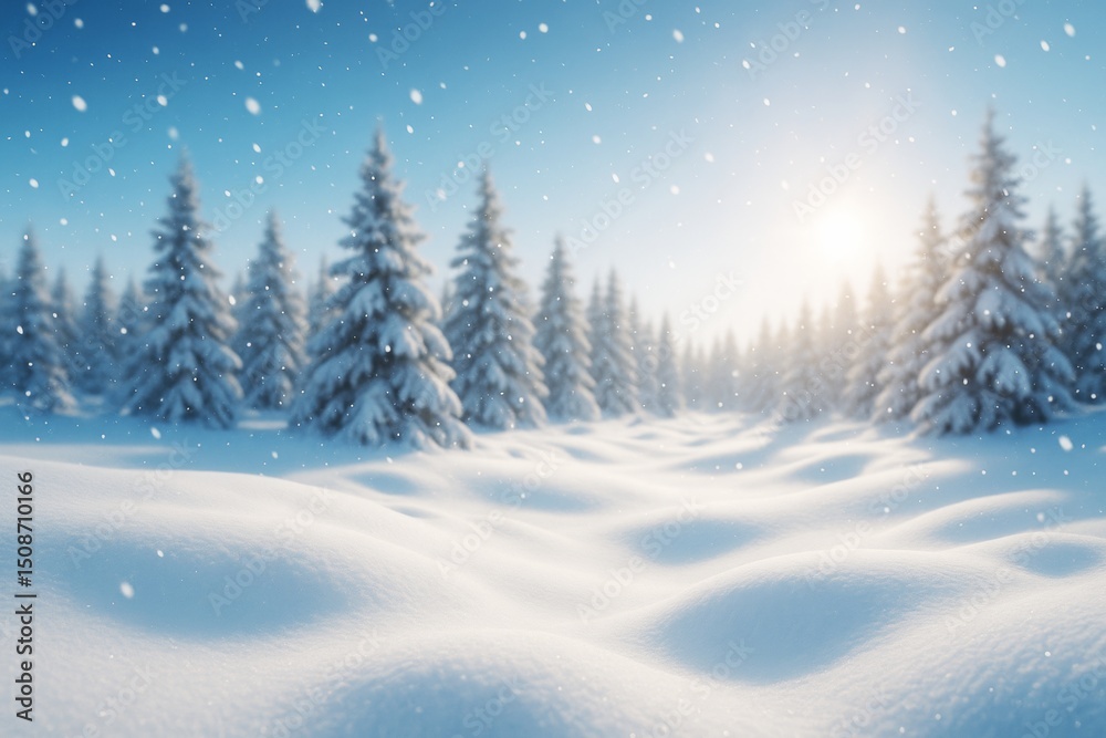 Poster magical snowy winter landscape with pine trees and soft sunlight in serene forest background with fa