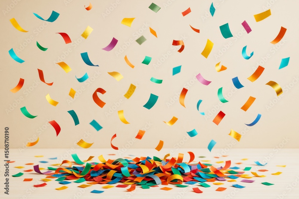 Poster colorful confetti falling and scattered on light wooden surface with abstract festive background. ai