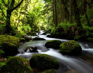Naklejka premium Serene stream flows through lush green forest, moss-covered rocks