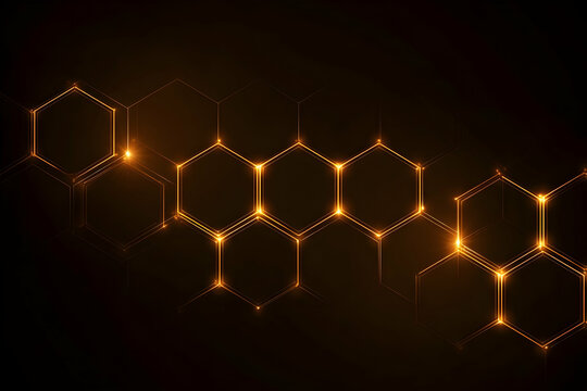 Glowing hexagonal grid with orange light on dark background, futuristic digital backdrop with illuminated honeycomb pattern and abstract tech concept.
