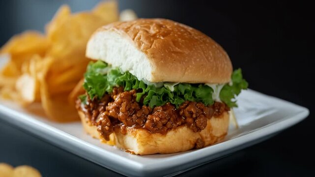 Close-up of a hearty sloppy joe sandwich topped with fresh green lettuce served with golden potato chips on a white plate
