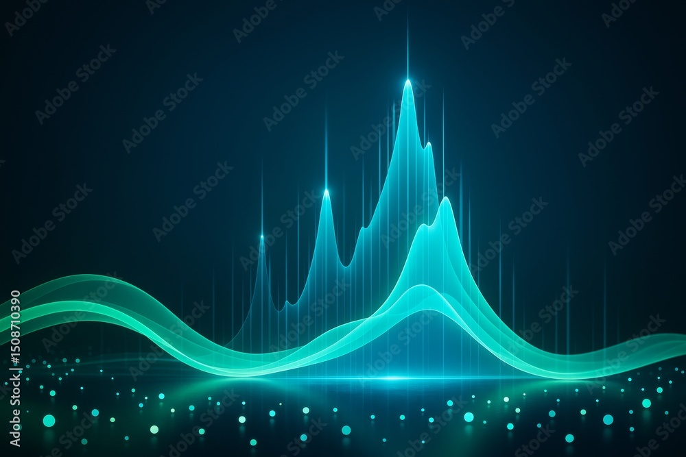 Poster Abstract glowing waveform with data peaks and digital light effects on dark futuristic background, representing data flow and technology concept.