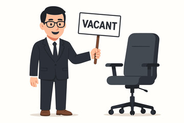Fototapeta premium Businessman holding a vacant sign next to an empty office chair vector illustration symbolizing a job opening, the recruitment process, hiring opportunities, and career employment.