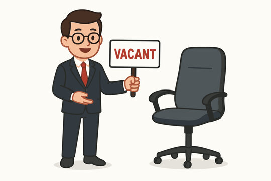 Vector illustration of a friendly businessman holding a 'Vacant' sign, standing near an empty office chair. Represents job opening, hiring process, recruitment, and employment opportunity.