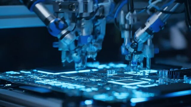 High-tech robotic arm precisely assembling electronic circuit board components in modern factory setting showcasing automation and manufacturing technology.