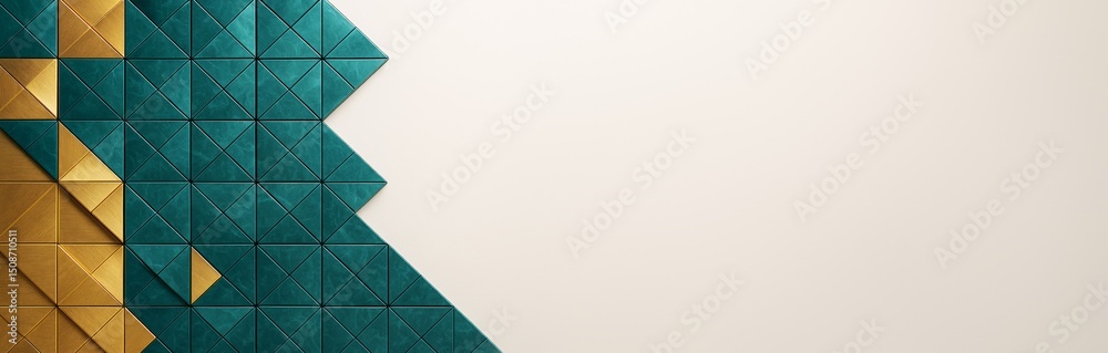 Poster Geometric abstract background with teal and gold triangle tiles on left side and clean beige copy space on right for design template or poster use.