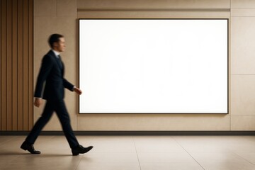 Businessman walking past large blank billboard in modern interior with clean wall background and light for advertising or branding mockup concept.