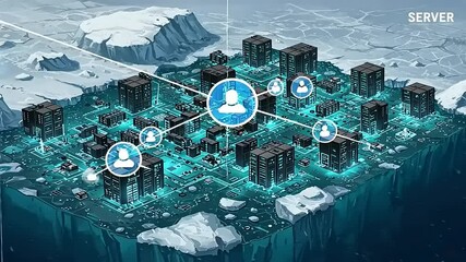 Futuristic server landscape on an ice island, showcasing digital connections and technology - Powered by Adobe
