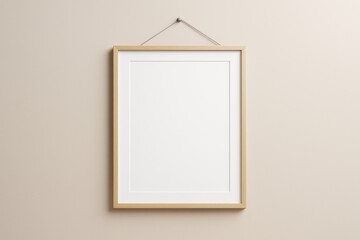 Minimal wooden frame hanging on light beige wall with blank white poster inside for mockup or branding design concept and advertising template.