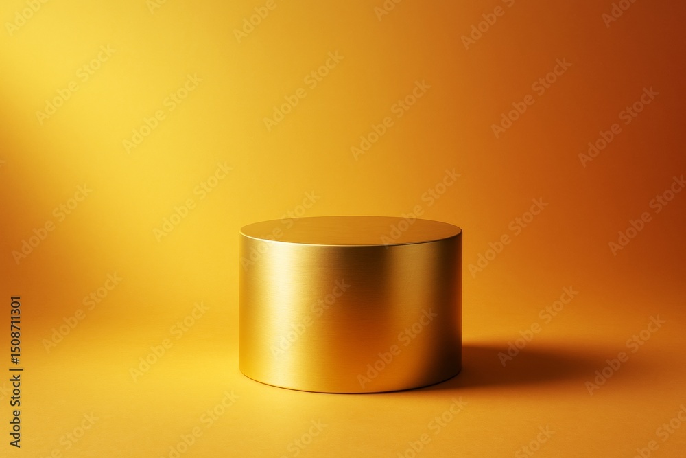 Poster golden cylindrical podium on yellow gradient background with smooth lighting for product display, br