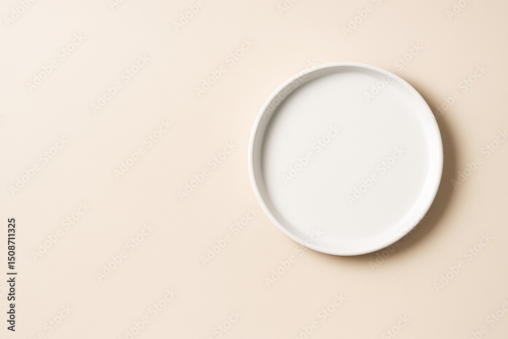 Poster Minimal white round plate on beige background with copy space for branding or food mockup and design concepts.