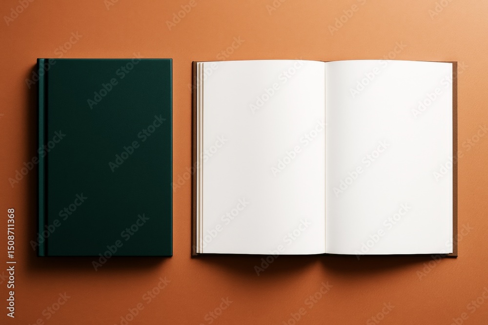 Poster blank hardcover book and open notebook on brown background for mockup, branding, advertising or crea