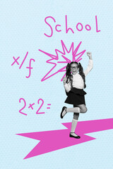 Image zine trend photo collage of happy schoolgirl stand math example formula exam algebra subject back to school education