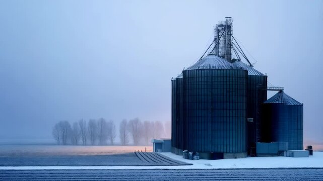 Winter farm landscape with metal grain silos and agricultural field covered in snow on a foggy day, farm buildings during winter season.