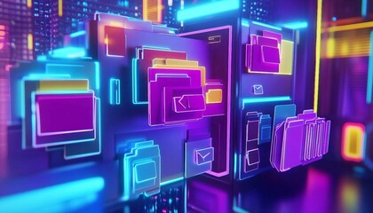 AI-Driven Document Organization in Tech Hub, A vibrant tech hub with an AI-driven document organization system,