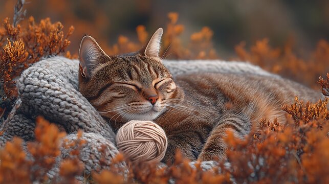 Tabby cat resting in autumnal leaves