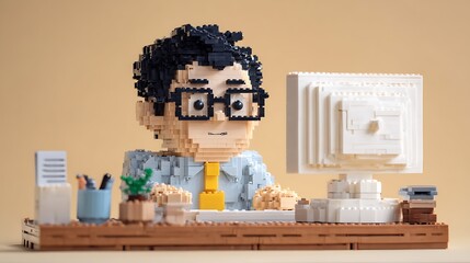 Fototapeta premium 책상 앞에서 작업하는 귀여운 레고 캐릭터 장면 AI 생성
