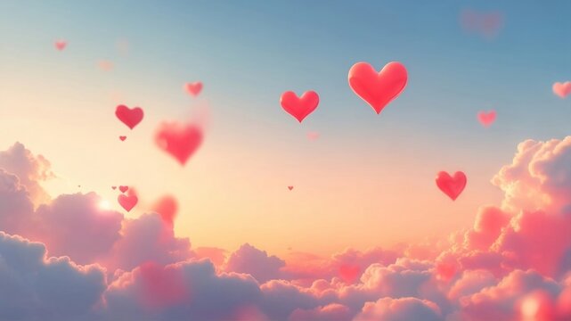 Pink Heart Balloons Floating Above Clouds in Warm Sunset Sky Atmosphere