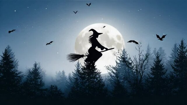 Witch Flying on Broom at Night: A mysterious silhouette of a witch flying on a broomstick against a backdrop of a full moon and dark forest, conveying a sense of magic and Halloween spirit.