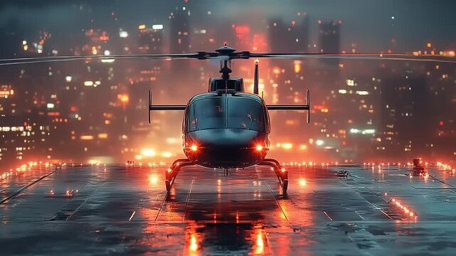 Helicopter poised for takeoff on a city rooftop at night with glowing skyline and rain