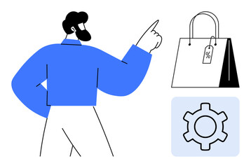 Man pointing towards shopping bag with a discount tag, accompanied by cogwheel icon. Ideal for e-commerce, sales management, digital marketing, settings, online services, shopping apps, simple