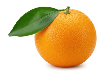 Single orange with a green leaf isolated on white background, close up
