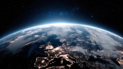 The Earth's Embrace: A stunning aerial view of planet Earth from space, revealing the delicate atmosphere surrounding our world with visible city lights. - Powered by Adobe