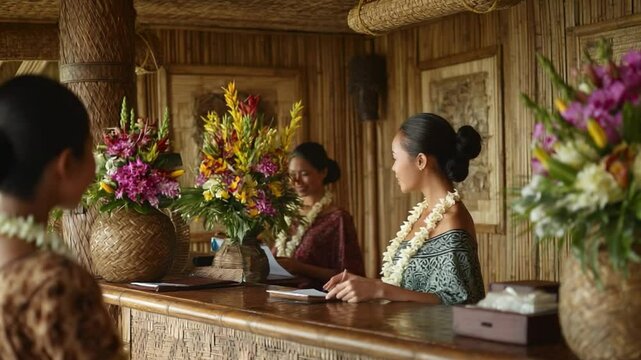 Traditional Reception Area with Friendly Hostesses Offering Warm Welcome in Tropical Setting