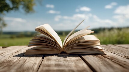 펼쳐진 책과 맑은 하늘 아래 자연의 정취 AI 생성