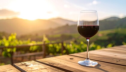 Sunset view, red wine glass on wooden table, vineyard backdrop