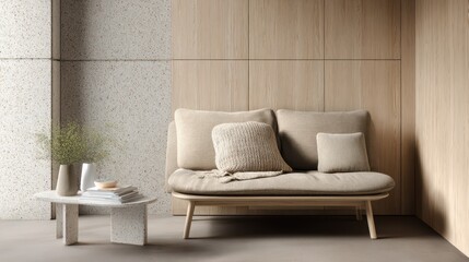 Light beige sofa and small coffee table in a modern living room.