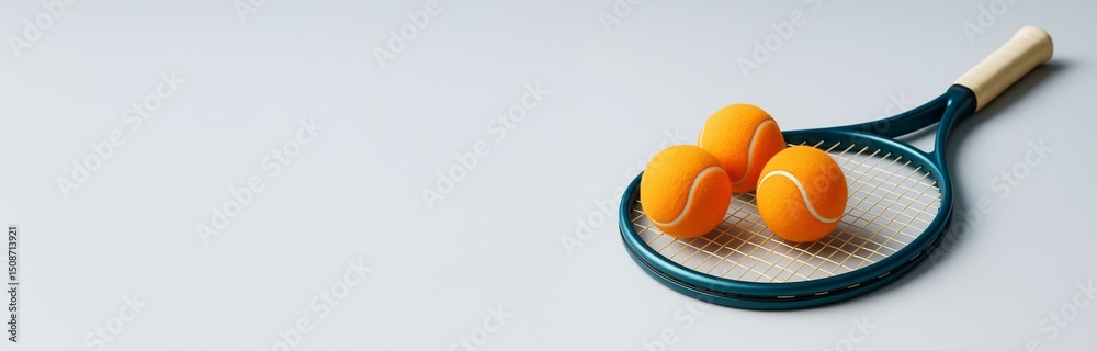 Poster tennis racket with three orange balls placed on strings over light background with copyspace for spo