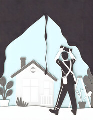 Frantic family dialing emergency roofers as water drips from the ceiling, Paper Cutout style. with white shades