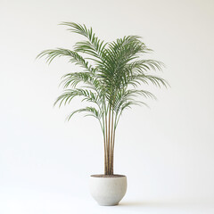 Obraz premium Realistic photograph of a fully grown small palm tree in a flowerpot, against a solid stark white background, with focused lighting
