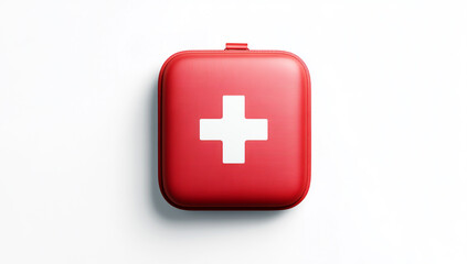 Obraz premium Red first-aid kit with a white cross on the front, isolated against a white background, in a panoramic view