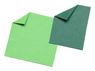 Two green overlapping isolated cut out blank paper notes cardboard with folded corner dog-ear earmark and copy space for text, transparent png background design element