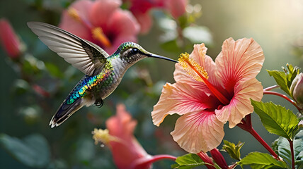 Fototapeta premium Ruby-throated hummingbird in flight, wings beating, feeding on a red flower, a small, green avian marvel of nature