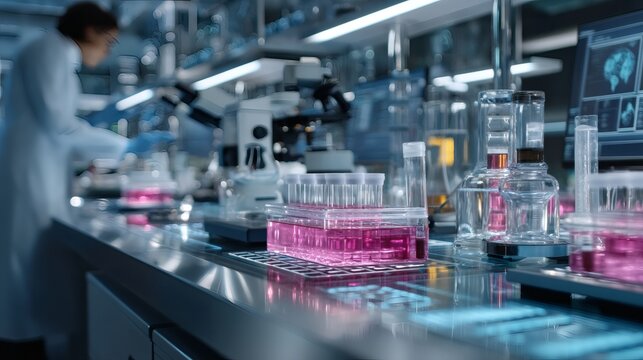 Laboratory Research Scene with Glassware and Scientific Equipment